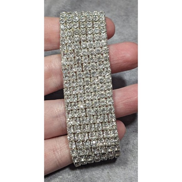 Vintage Glam 7 Row Rhinestone Silver Tone Stretch Bracelet - Picture 6 of 8